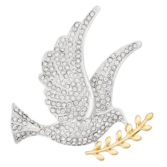 NAPIER Holiday Christmas Inspiring Peaceful Dove Gold & Clear Crystal Brooch Pin - Picture 3 of 4